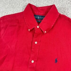 Ralph Lauren Button Down Shirt Mens L Red 100% Linen Custom Fit Short Sleeve
